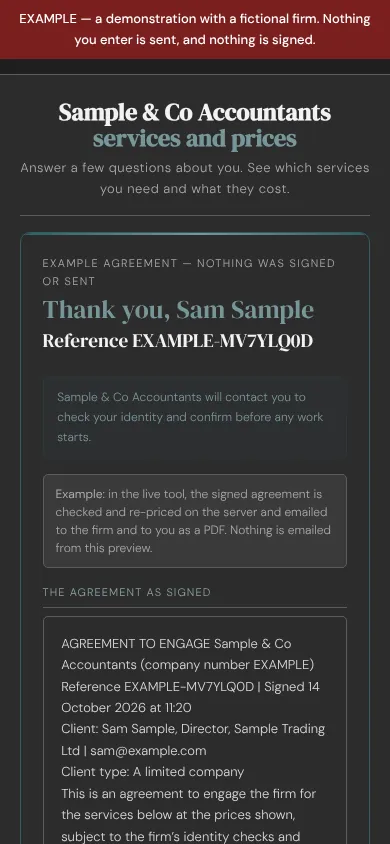 The tool for accountants showing a price, in an example firm's colours
