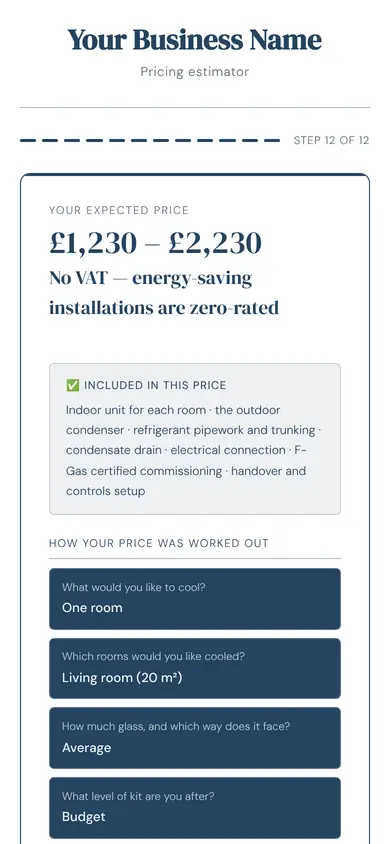 The tool for air conditioning showing a price, in an example firm's colours