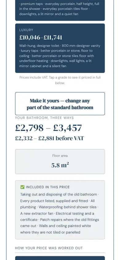 The tool for bathrooms showing a price, in an example firm's colours