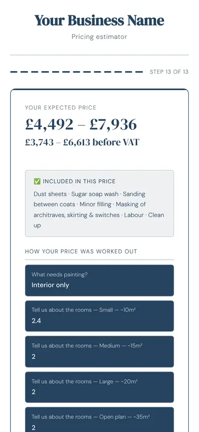 The tool for painting & decorating showing a price, in an example firm's colours