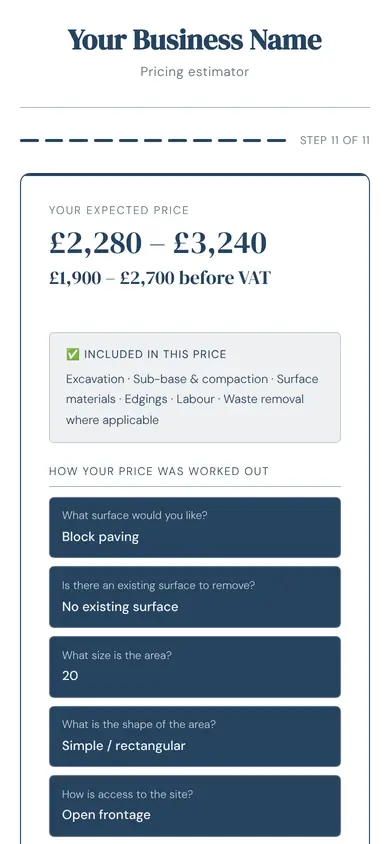 The tool for driveways showing a price, in an example firm's colours