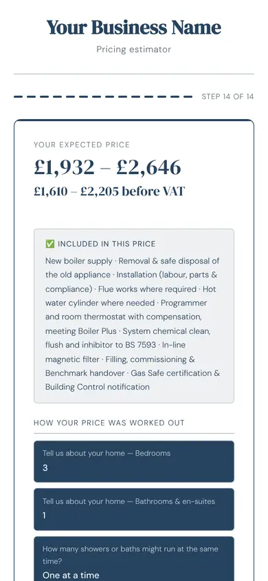 The tool for heating engineers showing a price, in an example firm's colours