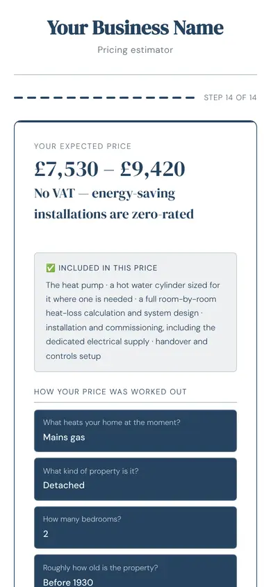 The tool for heat pumps showing a price, in an example firm's colours