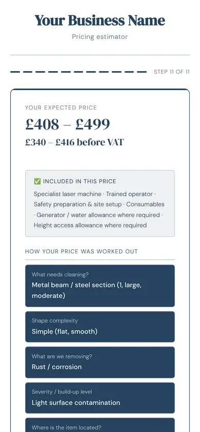 The tool for laser cleaning showing a price, in an example firm's colours