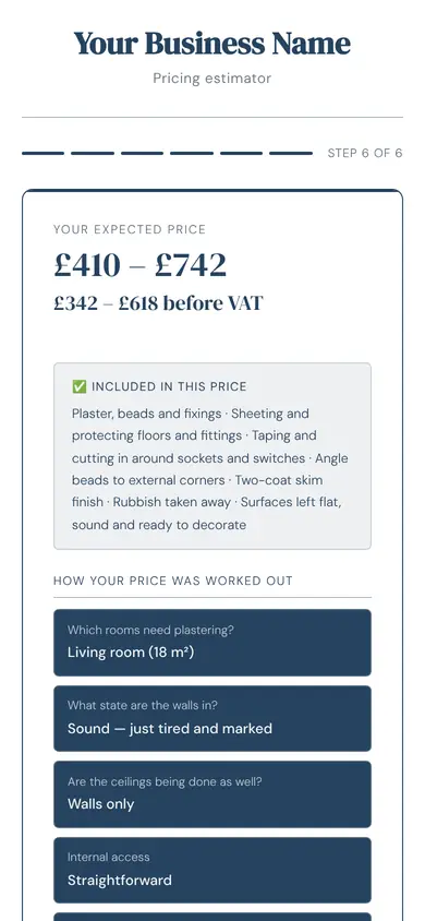 The tool for plastering showing a price, in an example firm's colours