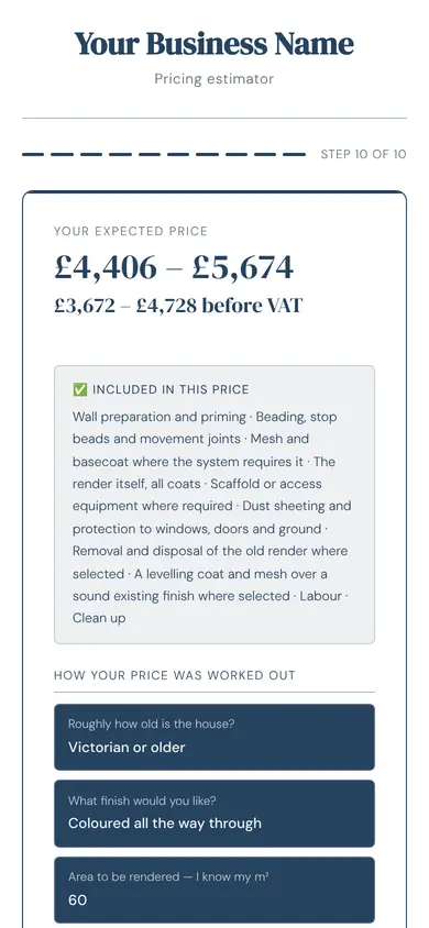 The tool for rendering & wall insulation showing a price, in an example firm's colours