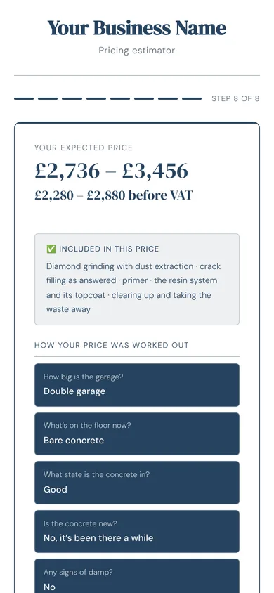 The tool for resin flooring showing a price, in an example firm's colours