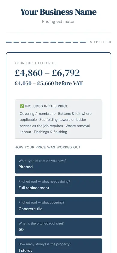 The tool for roofing showing a price, in an example firm's colours