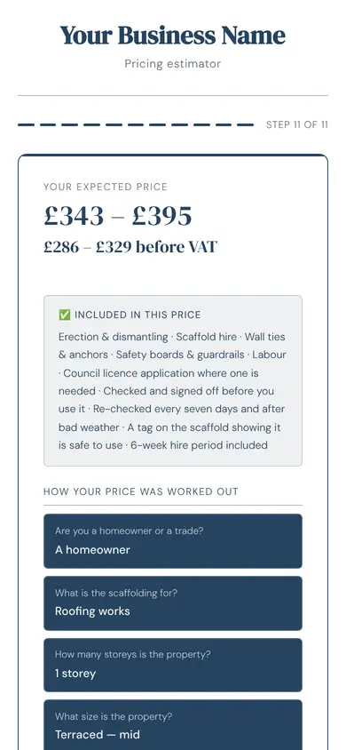 The tool for scaffolding showing a price, in an example firm's colours