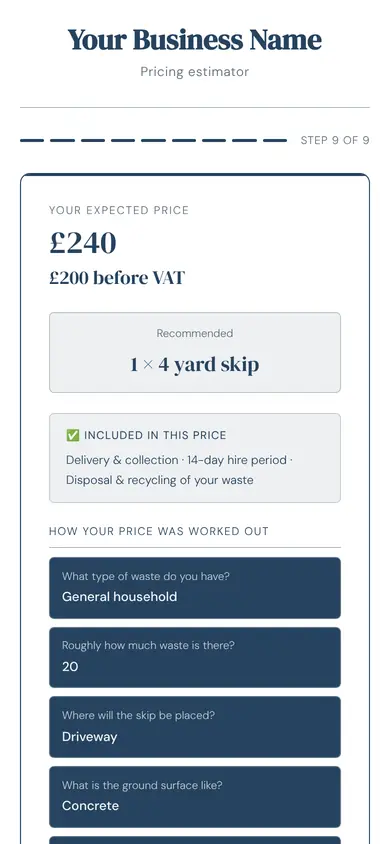 The tool for skip hire showing a price, in an example firm's colours