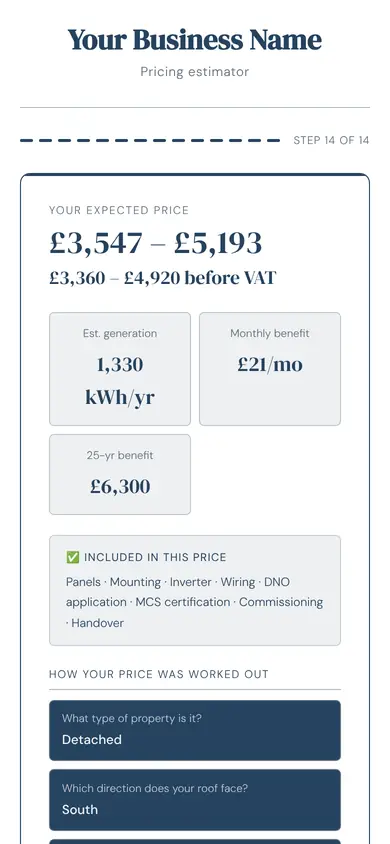 The tool for solar showing a price, in an example firm's colours