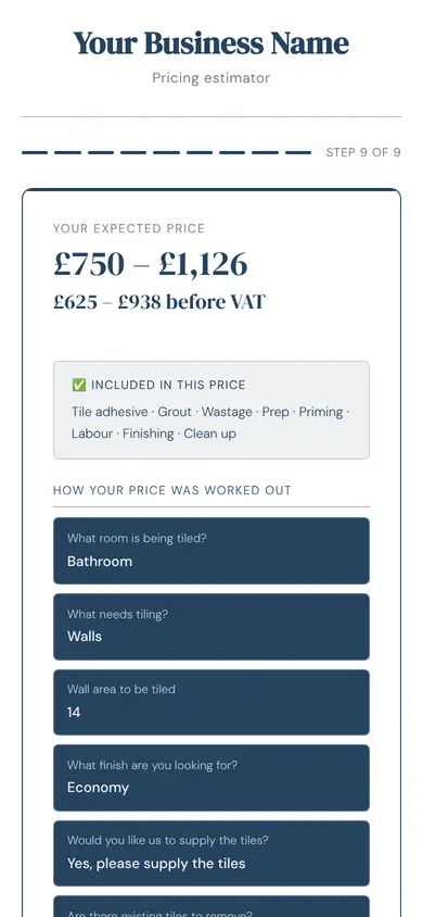 The tool for tiling showing a price, in an example firm's colours