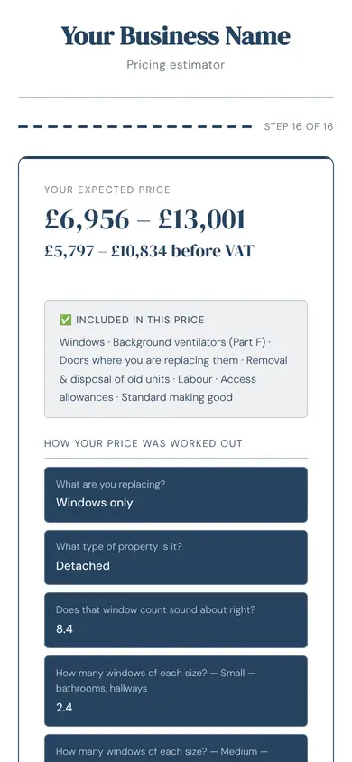 The tool for windows & doors showing a price, in an example firm's colours